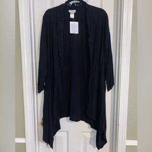 Soft Surroundings Black Women's Asymmetrical Cardigan With Lace Trim